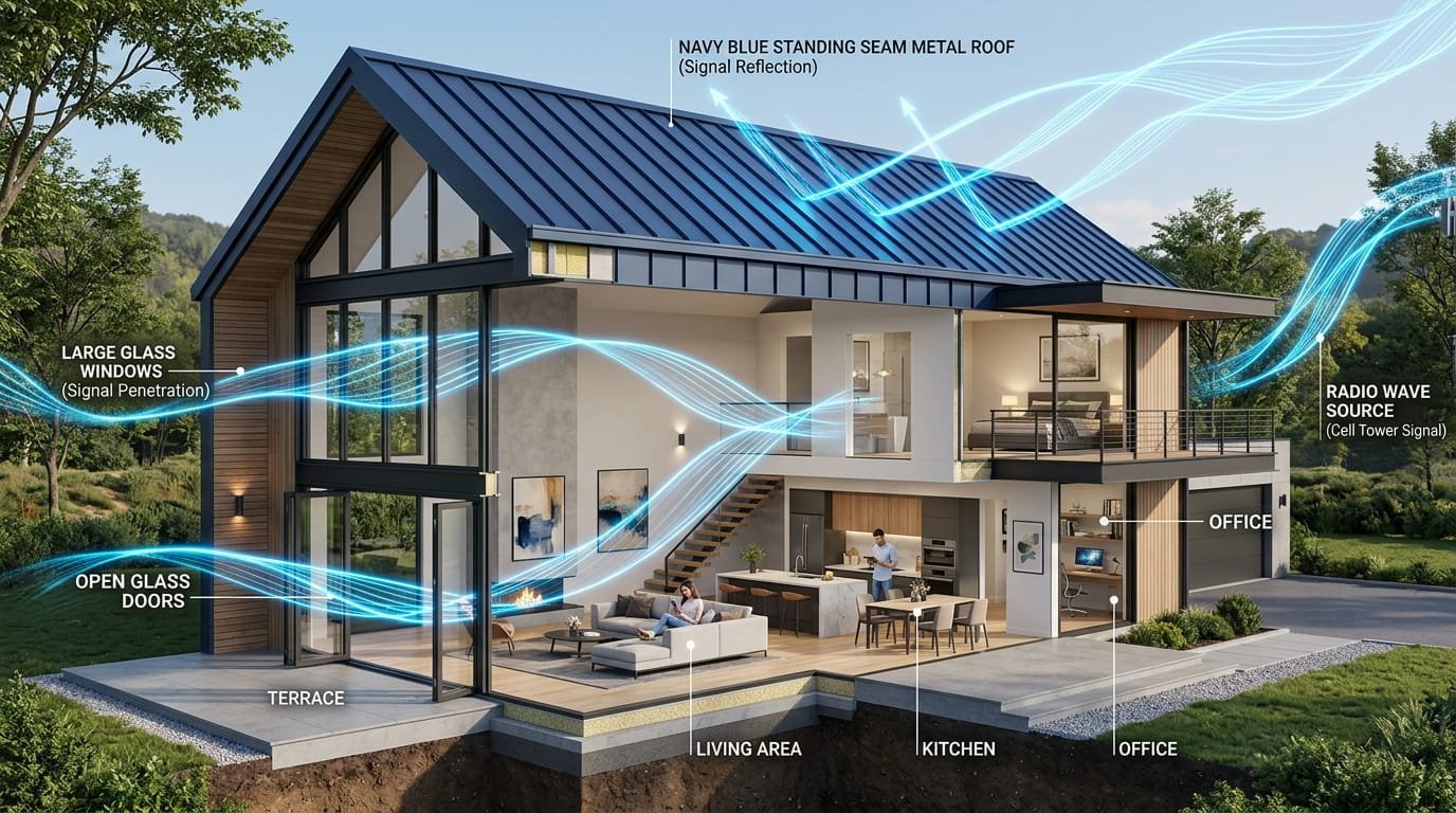 3D diagram showing how cell signals enter a home with a metal roof through windows and doors.