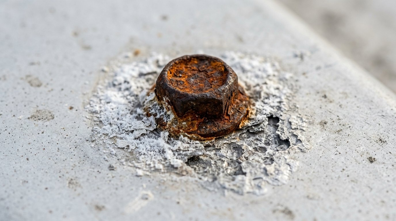 A macro close-up photo of "Galvanic Corrosion." Show a rusty steel screw (magnetic) reacting with a clean aluminum roof panel (non-magnetic), with visible white powder and pitting around the screw head. This acts as a technical warning for proper installation. High-detail, authentic texture.