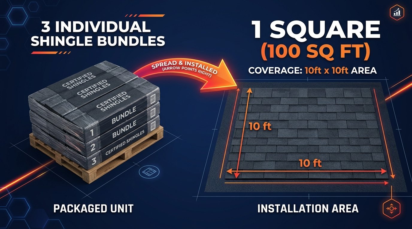 professional 3D infographic on a navy blue background. On the left, show 3 individual shingle bundles stacked neatly. An arrow points to the right showing them spread out to cover a "10ft x 10ft" area labeled "1 Square (100 Sq Ft)." Use a clean, modern aesthetic with orange/red accents. Clear, bold labels for easy reading.