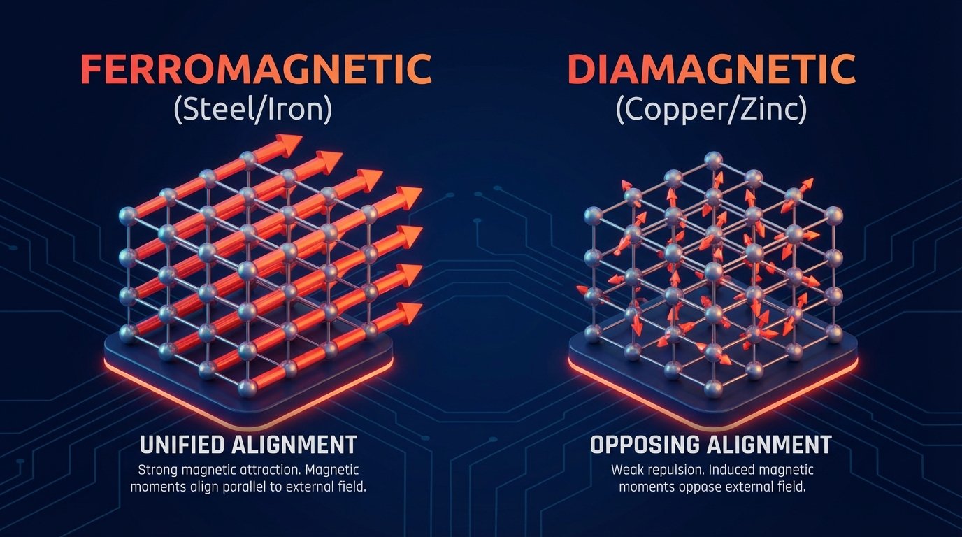 A professional 3D infographic on a navy blue background. Show the atomic alignment of "Ferromagnetic" (Steel/Iron) with all arrows pointing one way, and "Diamagnetic" (Copper/Zinc) with arrows pointing in opposite directions. Use your brand colors (Navy, Orange/Red). Modern, educational, and sleek design.