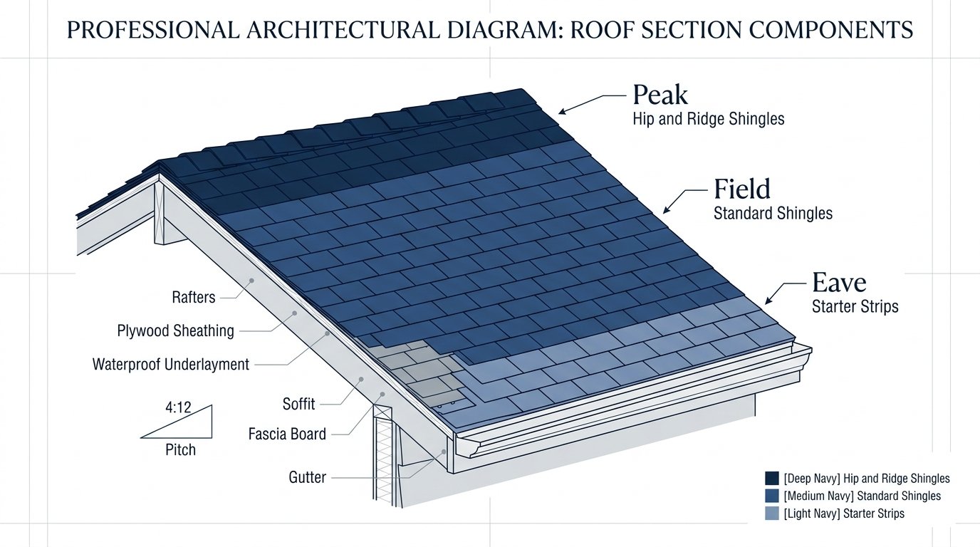 professional architectural diagram of a roof section. Highlight the "Eave" with a label for "Starter Strips," the main "Field" with "Standard Shingles," and the "Peak" with "Hip and Ridge Shingles." Use different shades of navy blue to distinguish the parts. Sleek, educational, and premium design.