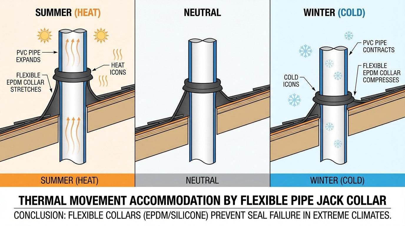 A professional diagram showing how a pipe jack collar accommodates the movement of a PVC vent pipe as it expands in summer and contracts in winter. Use subtle "heat" and "cold" icons. This helps explain why flexible collars (like EPDM or Silicone) are superior for certain climates.