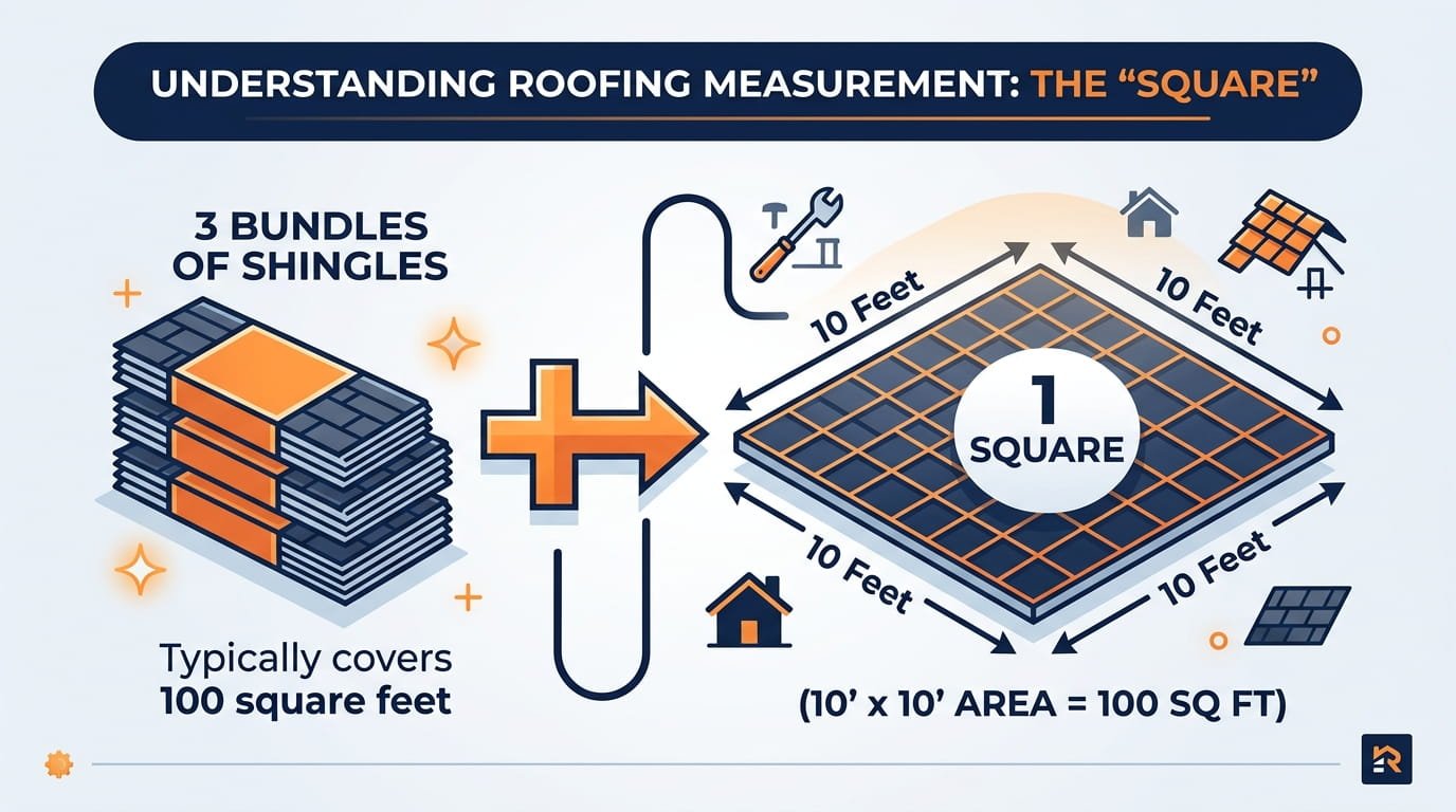 Infographic explaining how 3 shingle bundles equal 1 roofing square or 100 square feet.