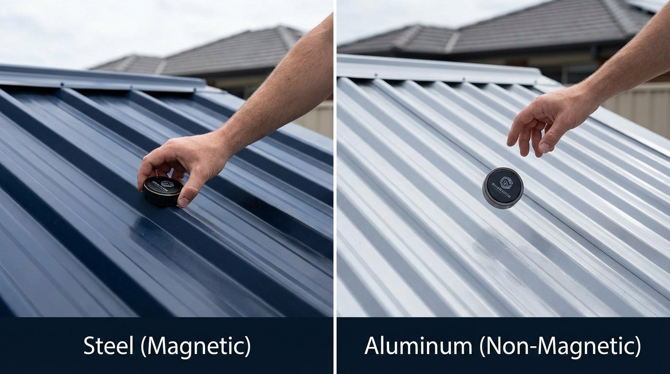 A professional side-by-side comparison photo. On the left, a hand holds a refrigerator magnet that is stuck firmly to a navy blue steel roof panel. On the right, the same magnet is shown falling away from a silver aluminum roof panel. High-quality real estate photography, clean aesthetic, clear labels: "Steel (Magnetic)" and "Aluminum (Non-Magnetic).