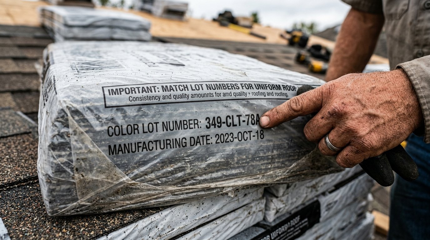 high-detail macro photo of a shingle bundle's plastic wrapping. Focus on the printed "Color Lot Number" and "Manufacturing Date." A hand is pointing to the number to emphasize its importance. Natural daylight, gritty but professional texture, highlighting the importance of matching lots for a uniform roof.