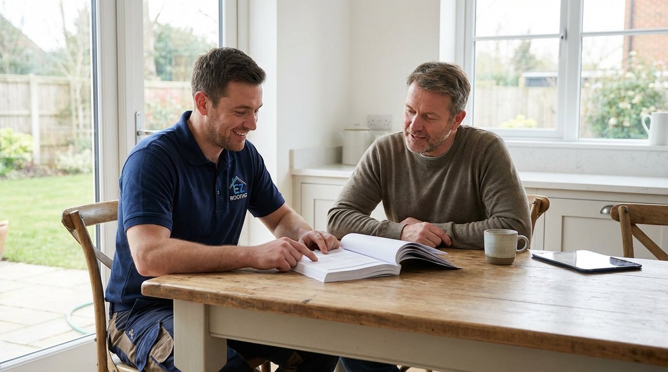 A realistic, high-quality photo of a professional roofing contractor in a clean uniform sitting at a wooden kitchen table with a homeowner. They are reviewing a detailed, multi-page contract. A "Clean Premium" aesthetic with soft morning light.