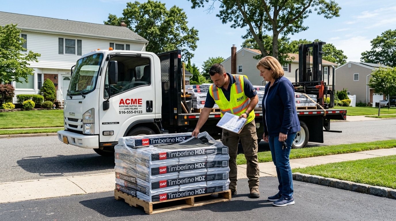 photo of a clean roofing delivery truck (flatbed) parked on a suburban driveway in Long Island. A homeowner and a contractor are standing next to a pallet of shingles, checking a clipboard and inspecting the corners of the bundles for damage. The atmosphere is professional and diligent. 8k resolution, bright afternoon sun.