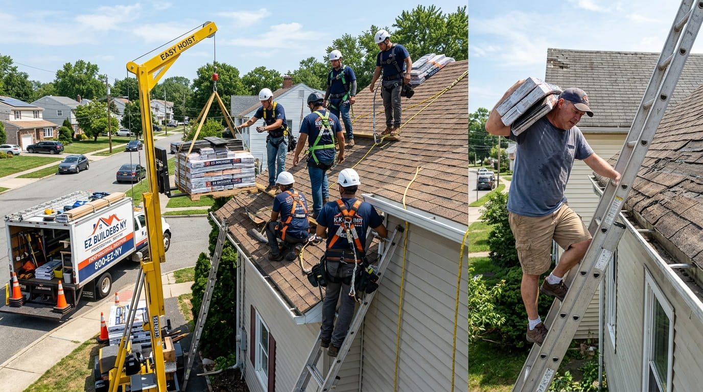 Professional roofing crew using a shingle hoist for safe and efficient installation on a Nassau County home.