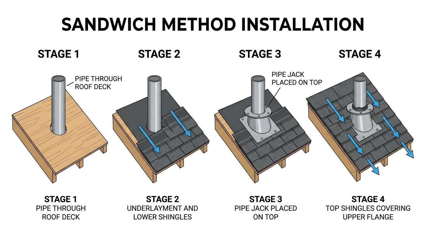 A step-by-step technical illustration showing the "Sandwich" method of installation. Stage 1: Pipe through the roof deck. Stage 2: Underlayment and lower shingles. Stage 3: Pipe jack placed on top. Stage 4: Top shingles covering the upper flange. Use blue arrows to show the "Water-Shedding" path. Professional, educational layout.