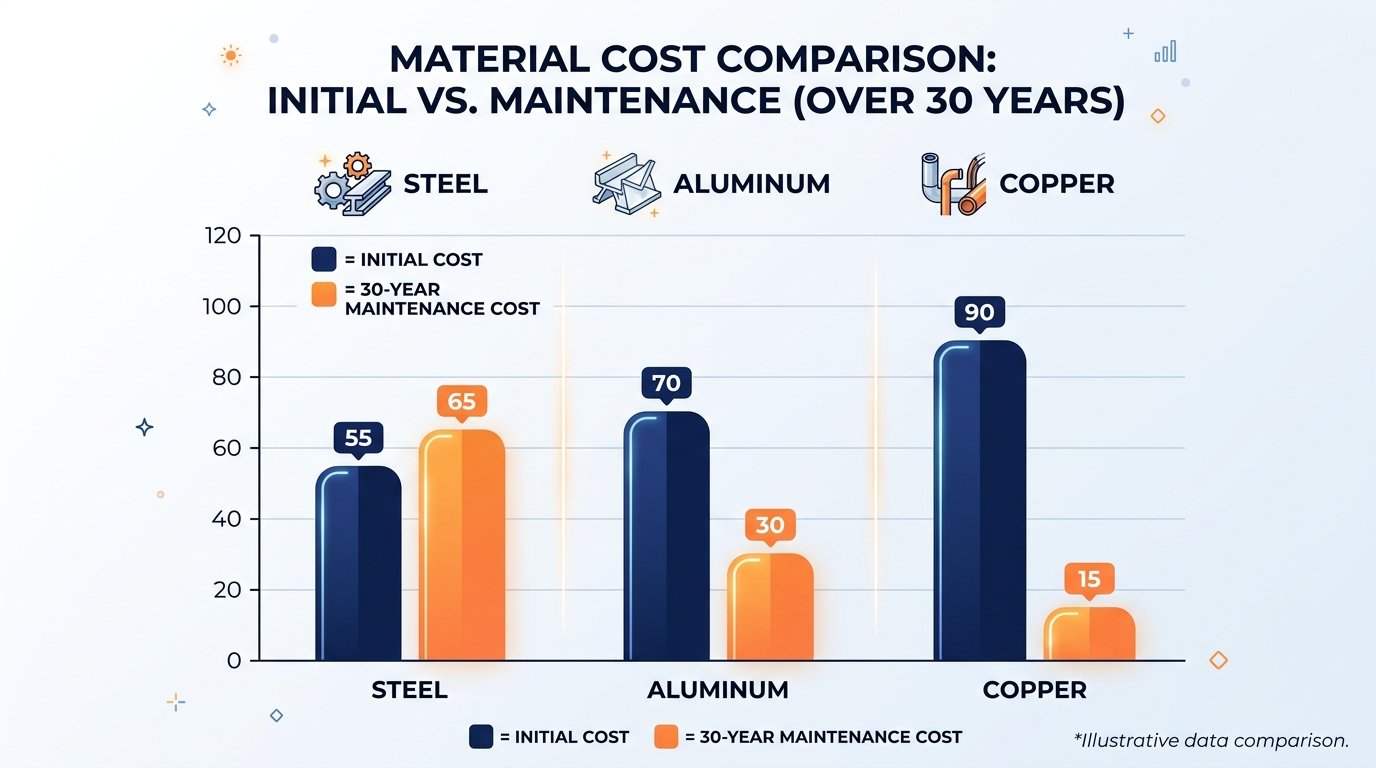 A clean, professional bar chart infographic. Compare the "Initial Cost" vs. "Maintenance Cost" over 30 years for Steel, Aluminum, and Copper. Use a "Simple Beauty" layout with navy blue bars and orange highlights. Professional font, easy-to-read data.