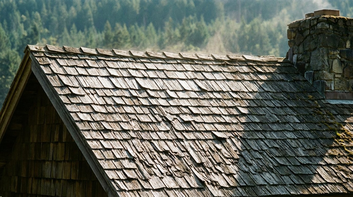 Cedar shingle roof summer day