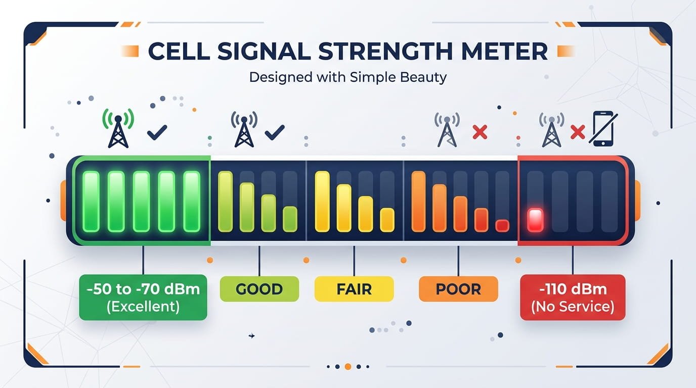Cell phone signal strength dBm scale infographic for 4G and 5G network monitoring.