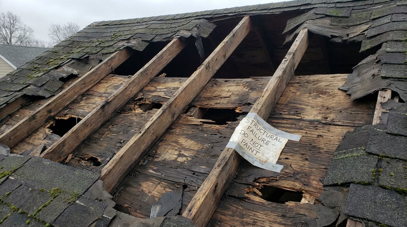 Damaged roof with missing shingles