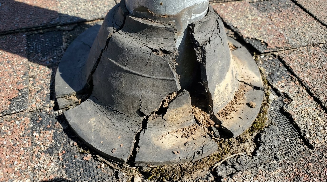 grit-focused close-up photo of a failing rubber pipe boot. Show deep cracks, dry rot, and splitting in the rubber collar caused by years of sun exposure. The shingles around it should show some granule loss. This visual should highlight the "Red Flag" signs clearly to the homeowner. Authentic real-world texture.