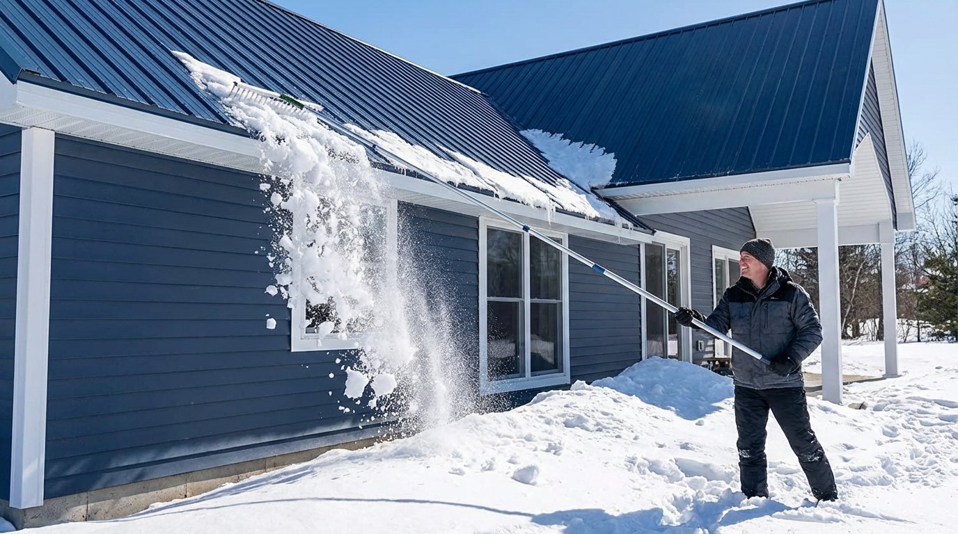 homeowner removing snow from roof 