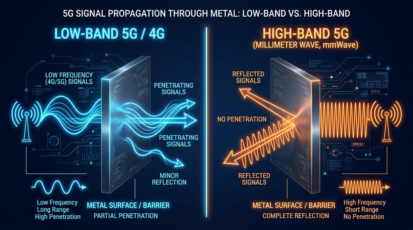 Residential cell phone signal booster installation diagram for homes with metal roofs.