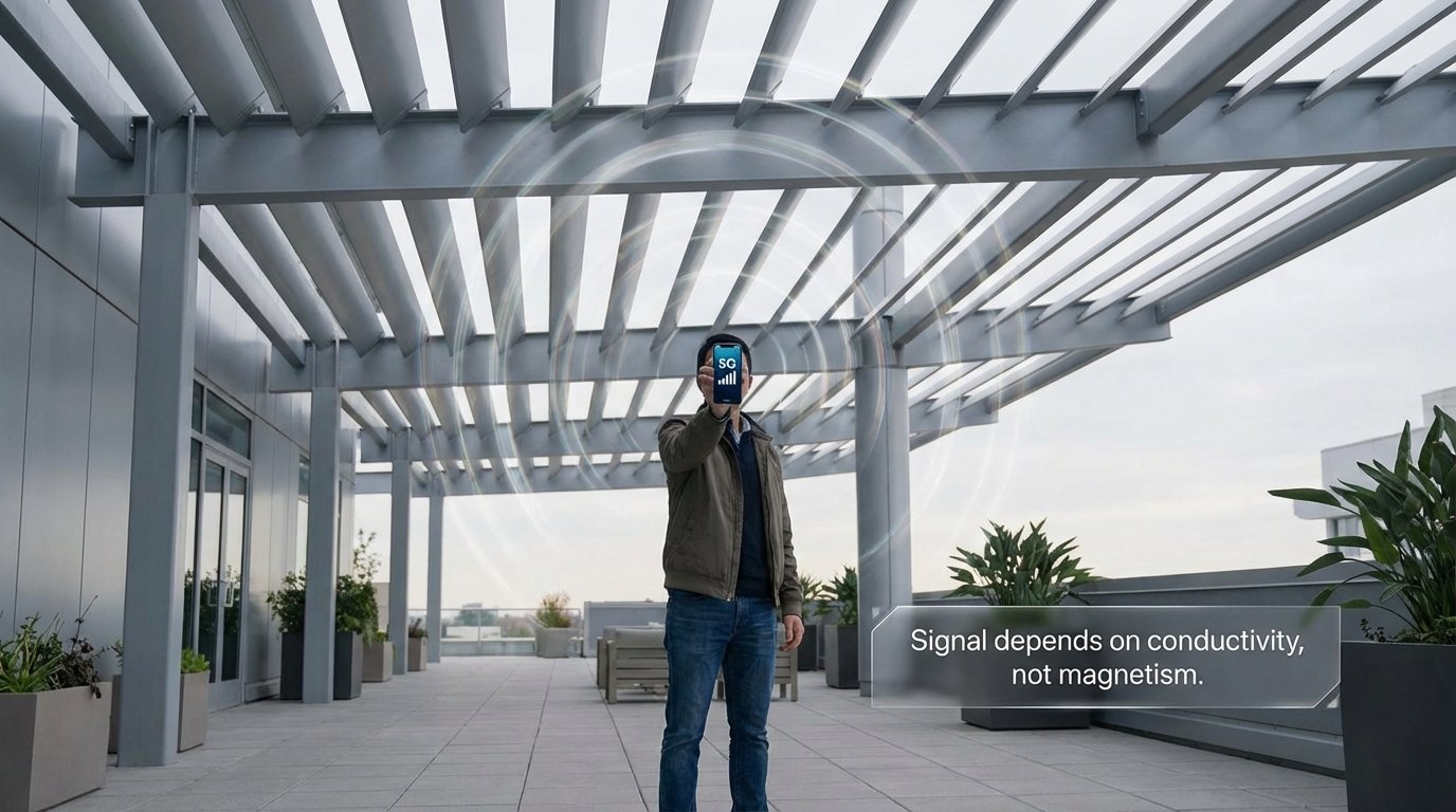a person standing under a modern metal roof porch, holding a smartphone that shows a strong 5G signal. Subtle transparent waves (WiFi/Cell signals) are shown passing through or reflecting, with a label explaining: "Signal depends on conductivity, not magnetism." Clean, professional finish.