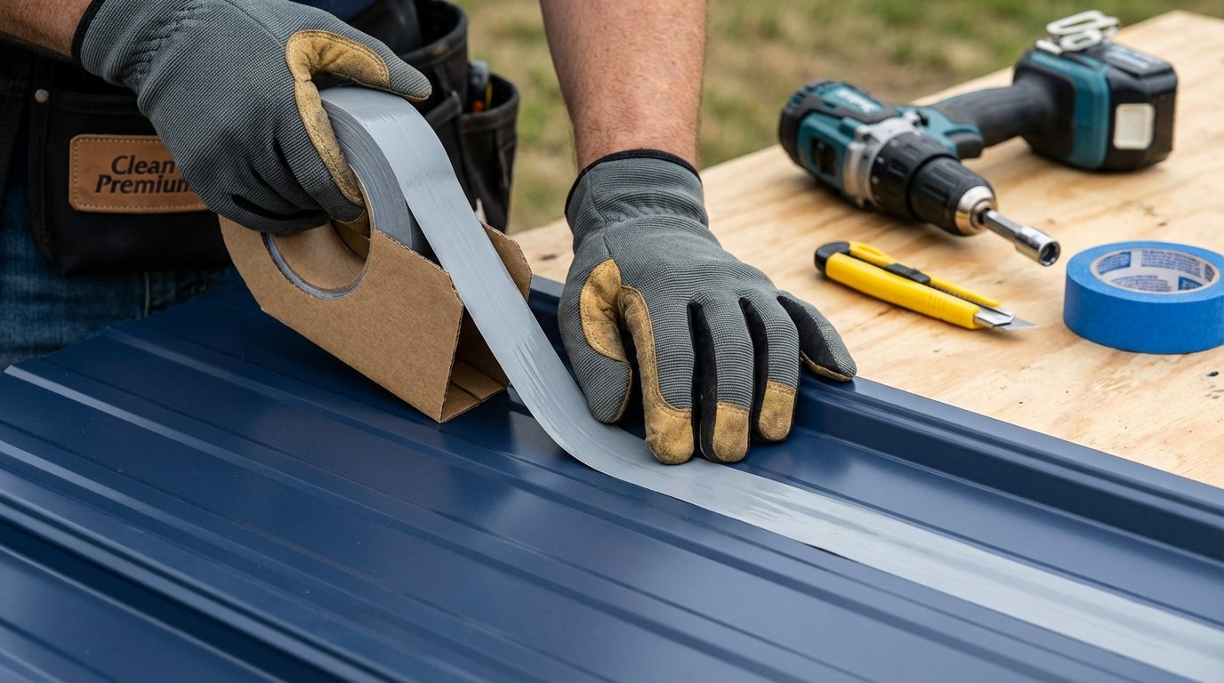 professional roofer's hands applying a continuous roll of gray butyl tape along the edge of a navy blue metal panel.