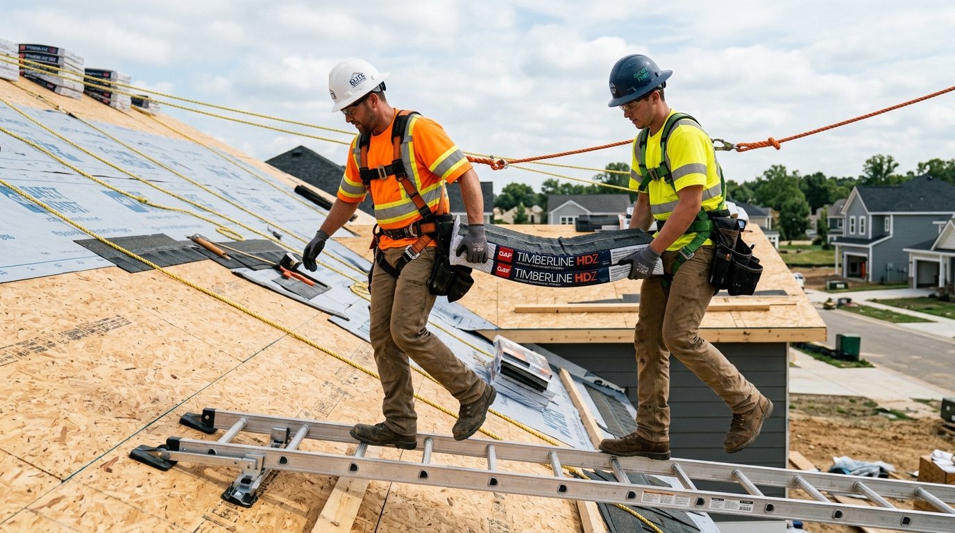 photo of two professional roofers in safety gear (vests, gloves, boots) carrying a heavy architectural shingle bundle together up a stable ladder or onto a roof deck. This emphasizes safety and teamwork. "Clean Premium" aesthetic, highlighting professional labor standards.
