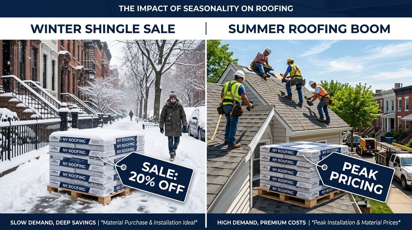 Seasonal roofing price variations showing winter discounts versus peak summer installation costs.