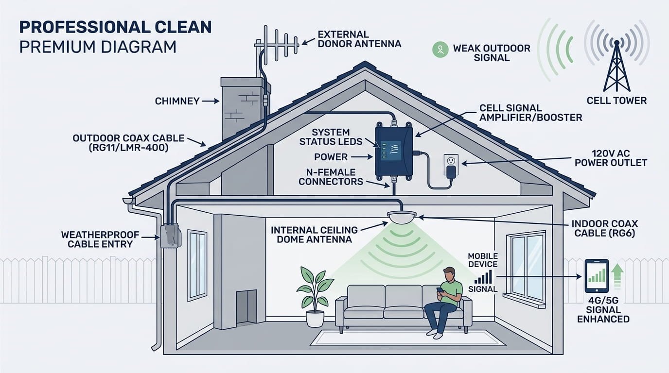 Residential cell phone signal booster installation diagram for homes with metal roofs.