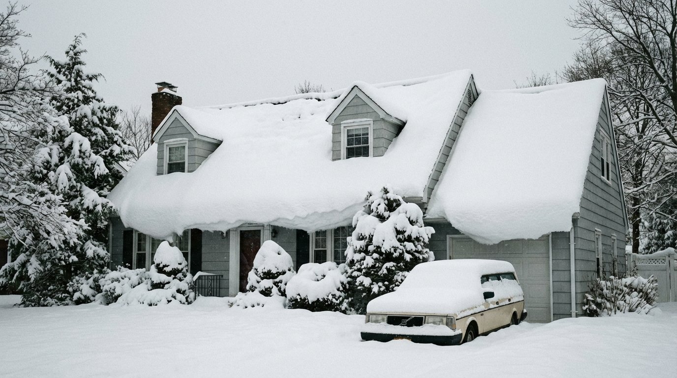 suburban home covered in snow