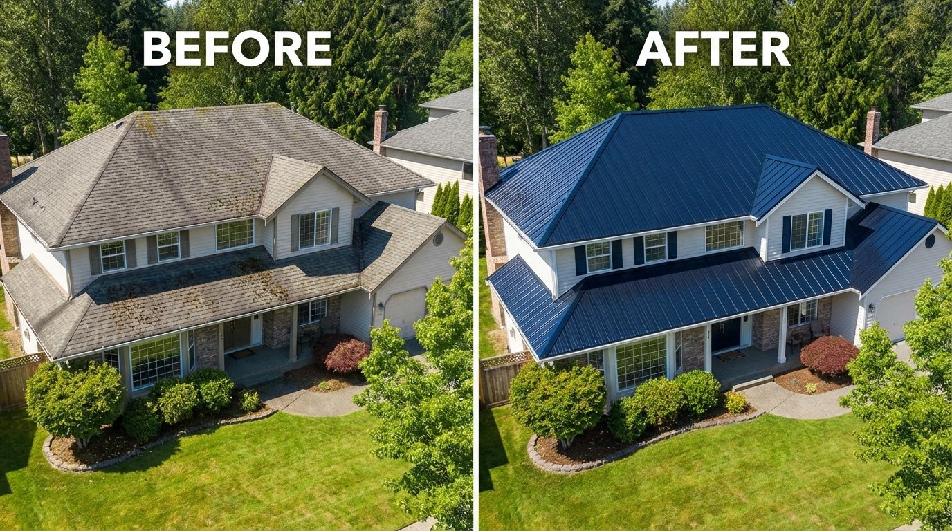 Suburban house roof before after 