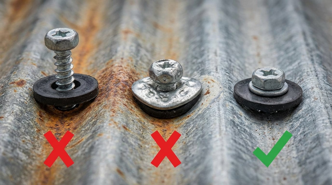 A high-detail macro photo showing three metal roofing screws with neoprene washers: 1. Under-driven (loose), 2. Over-driven (washer crushed and bulging), 3. Perfectly driven (washer slightly compressed). Use "Check" and "X" icons to indicate the correct method. Authentic textures, professional lighting.