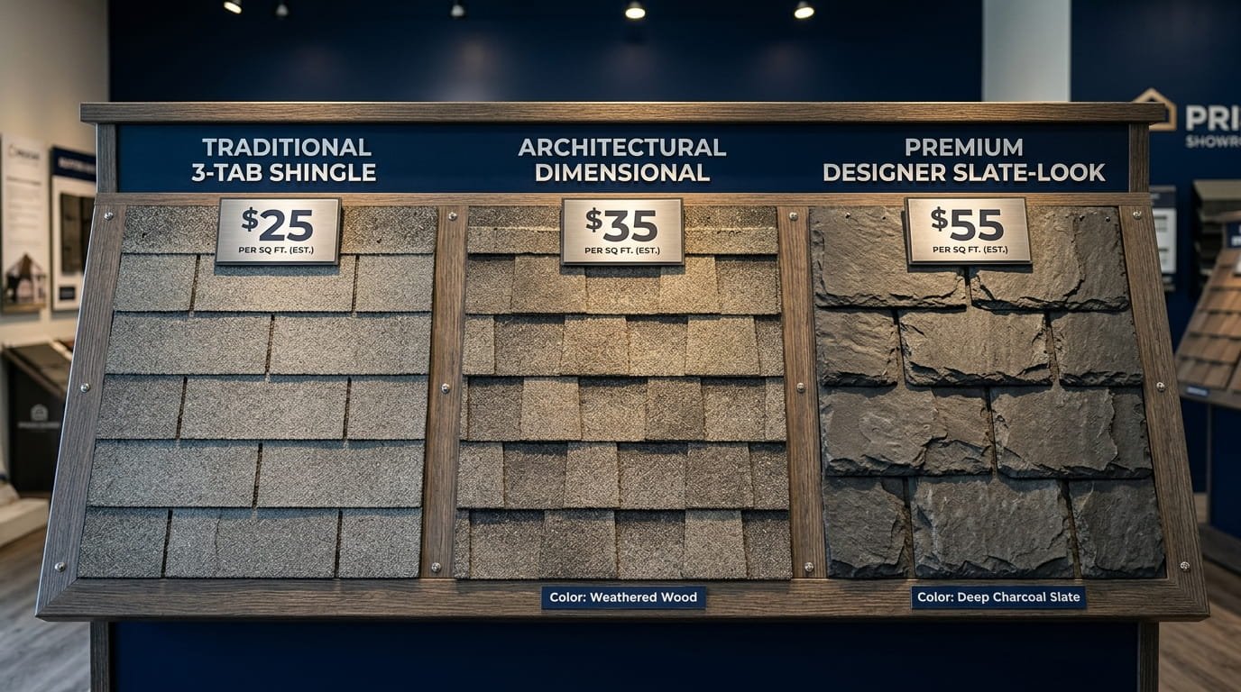 Comparison of 3-tab, architectural, and designer roofing shingle bundle costs for residential projects.