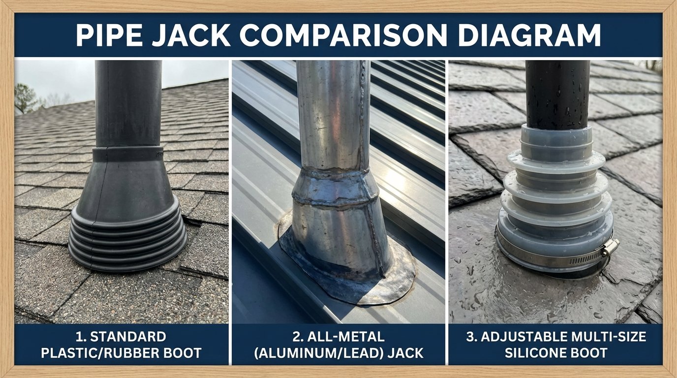 A high-quality photo grid or comparison diagram showing three types of pipe jacks: 1. Standard plastic/rubber boot, 2. All-metal (Aluminum/Lead) jack, and 3. Adjustable multi-size silicone boot. Each should be shown on a realistic roof section. Professional lighting, sharp focus on the different textures (rubber vs. metal).