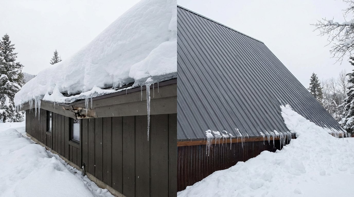 two roofs after snowstorm