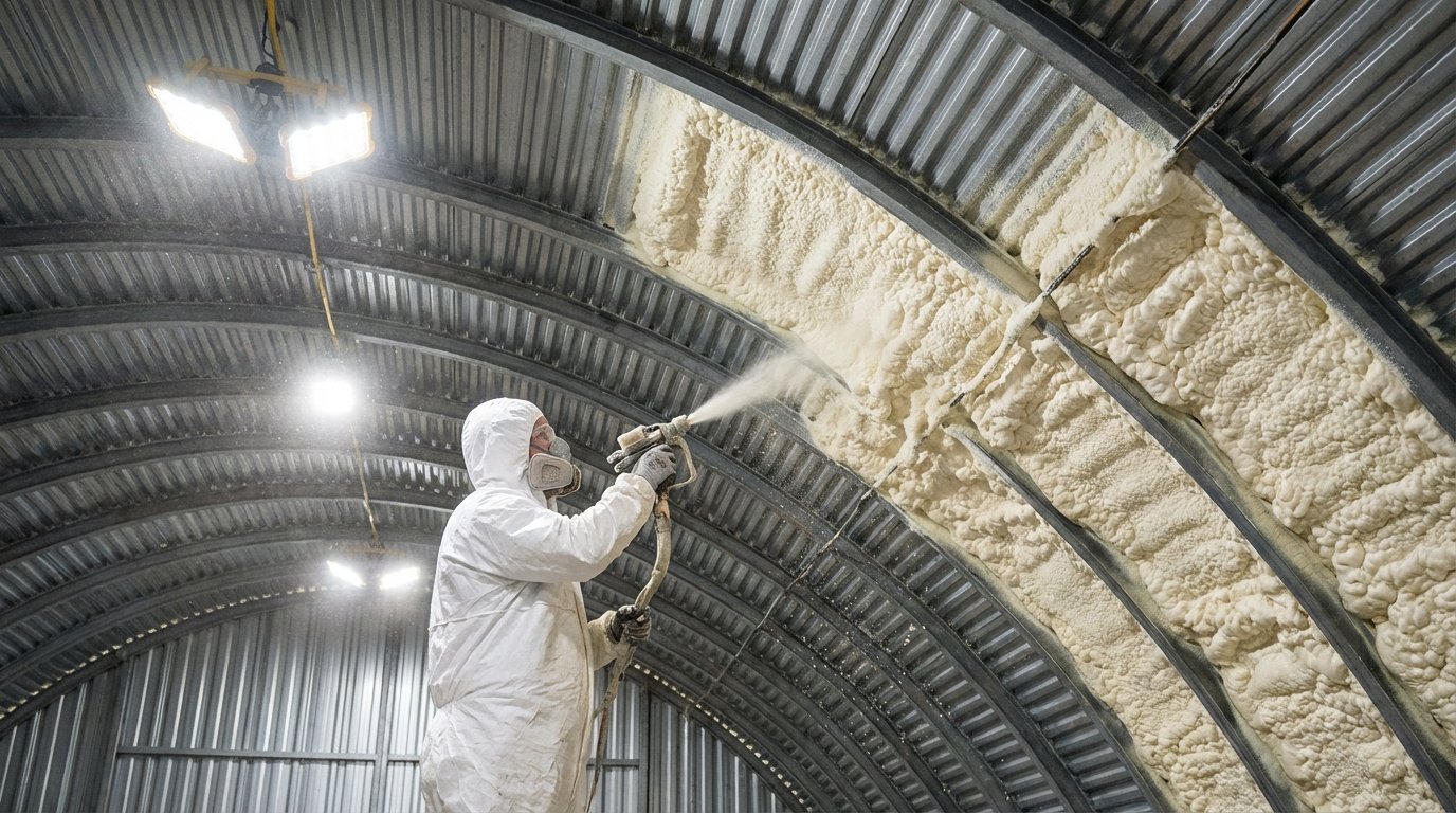 Worker applying spray foam roof