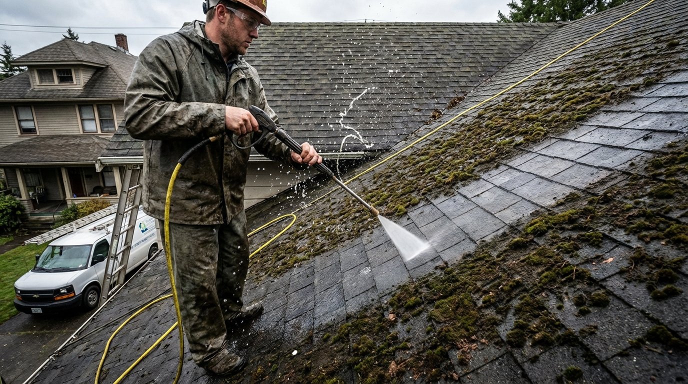 Worker powerwashing dirty roof