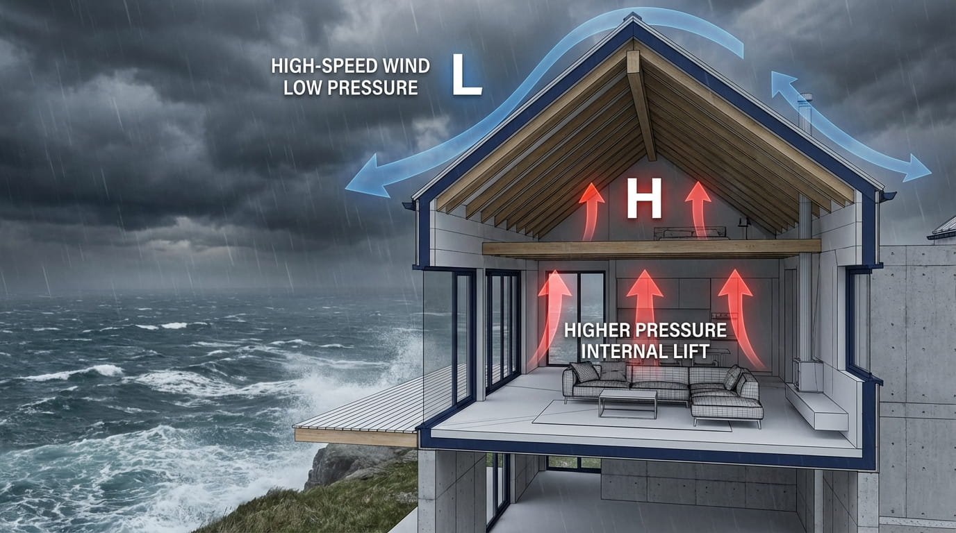 Diagram showing wind uplift and pressure differential on a roof during a hurricane.