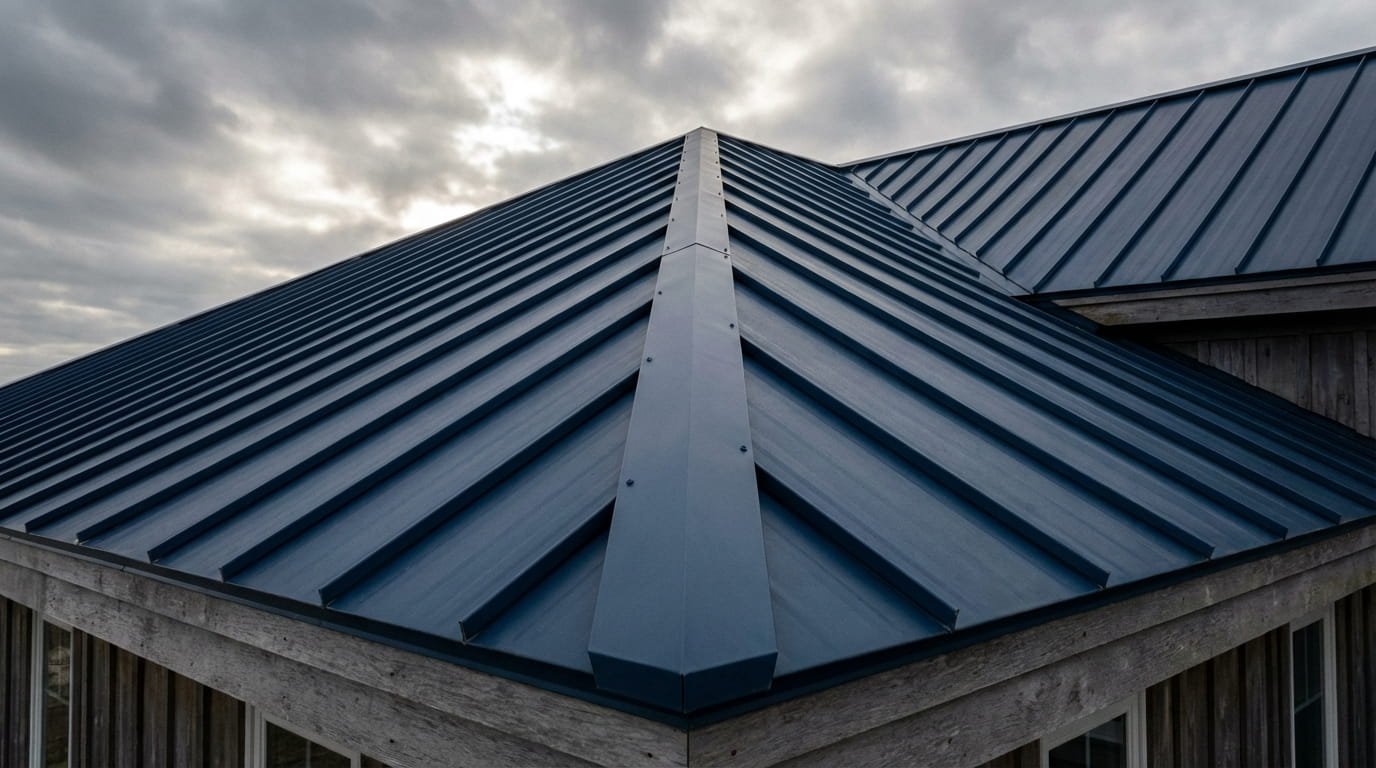 Hurricane-resistant standing seam metal roof with interlocking panels.
