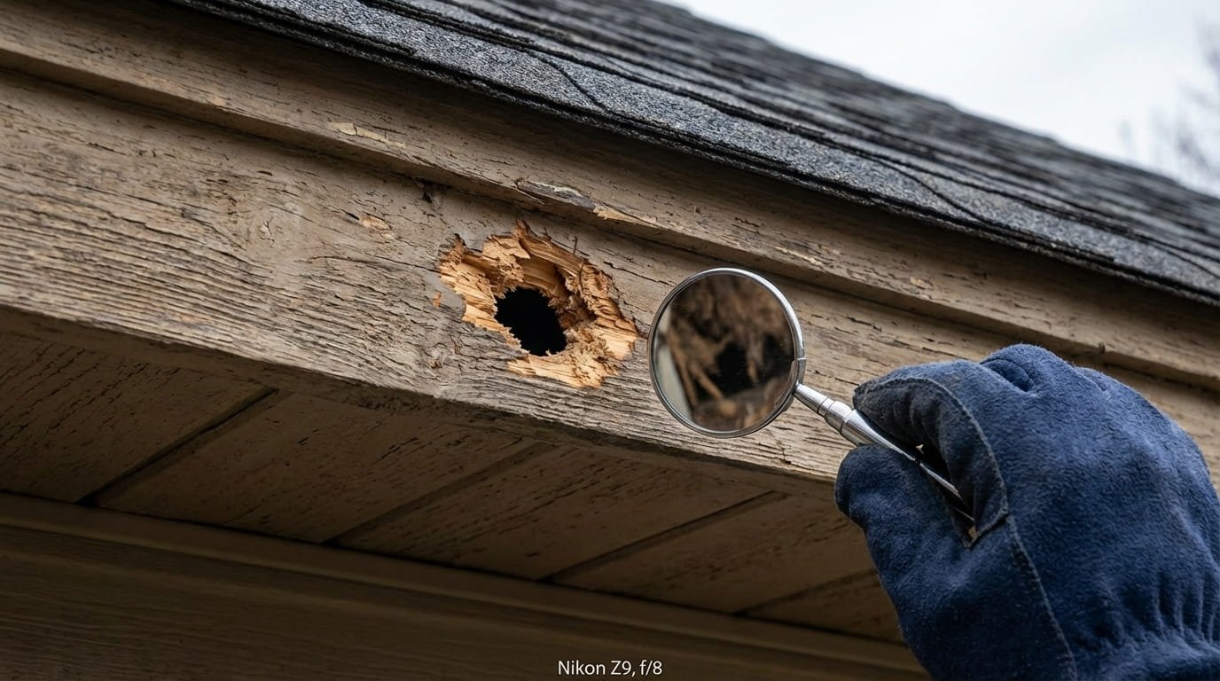 Insuring squirrel entry holes in roof soffits before professional repair.