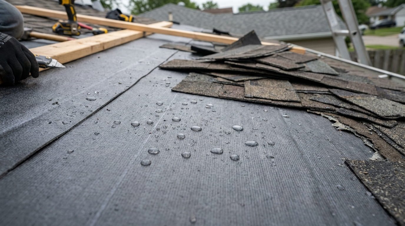 Sealed roof deck underlayment acting as a secondary water barrier.