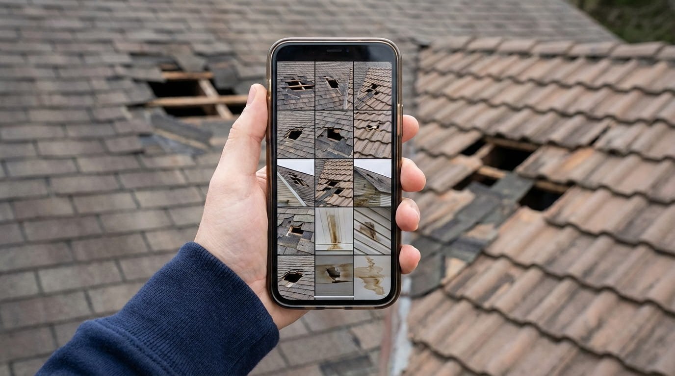 Documenting hurricane roof damage from multiple angles for an insurance claim.