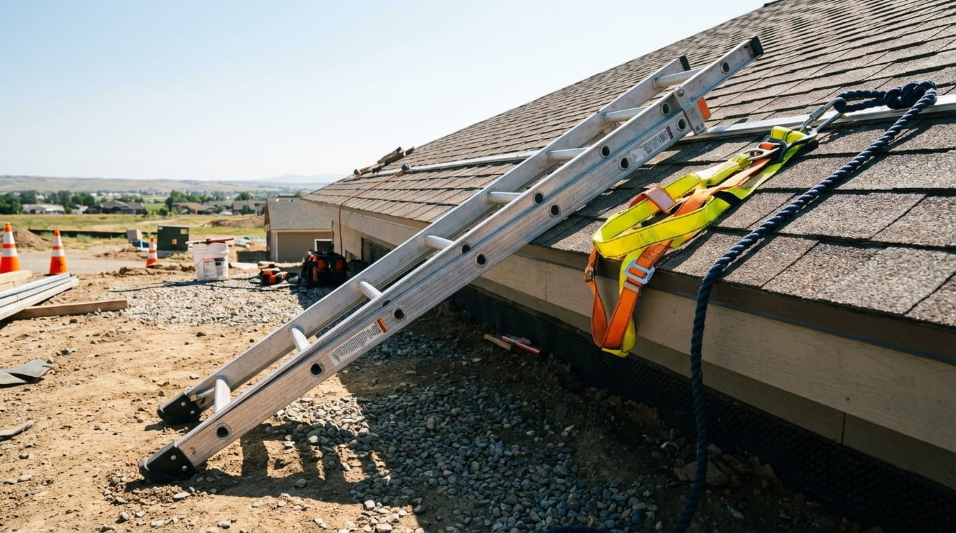 Properly secured ladder and safety harness for roof repair work.