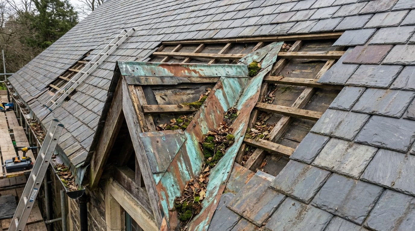 Clogged and corroded roof valley flashing requiring urgent repair.