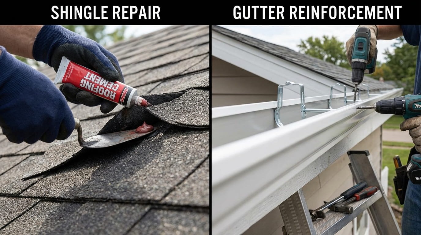 Securing roof shingles and reinforcing gutters for high-wind hurricane protection.