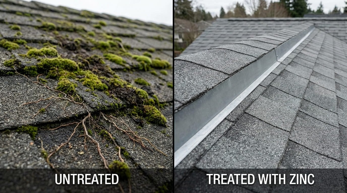 Roof moss growth lifting shingles versus a clean roof with zinc prevention strips.