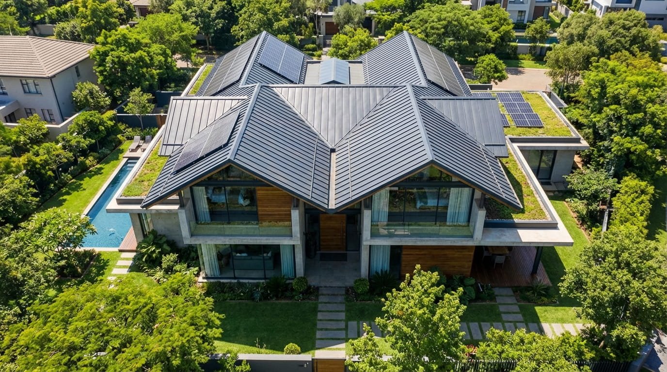 Aerial view of residential roof valleys on a modern house
