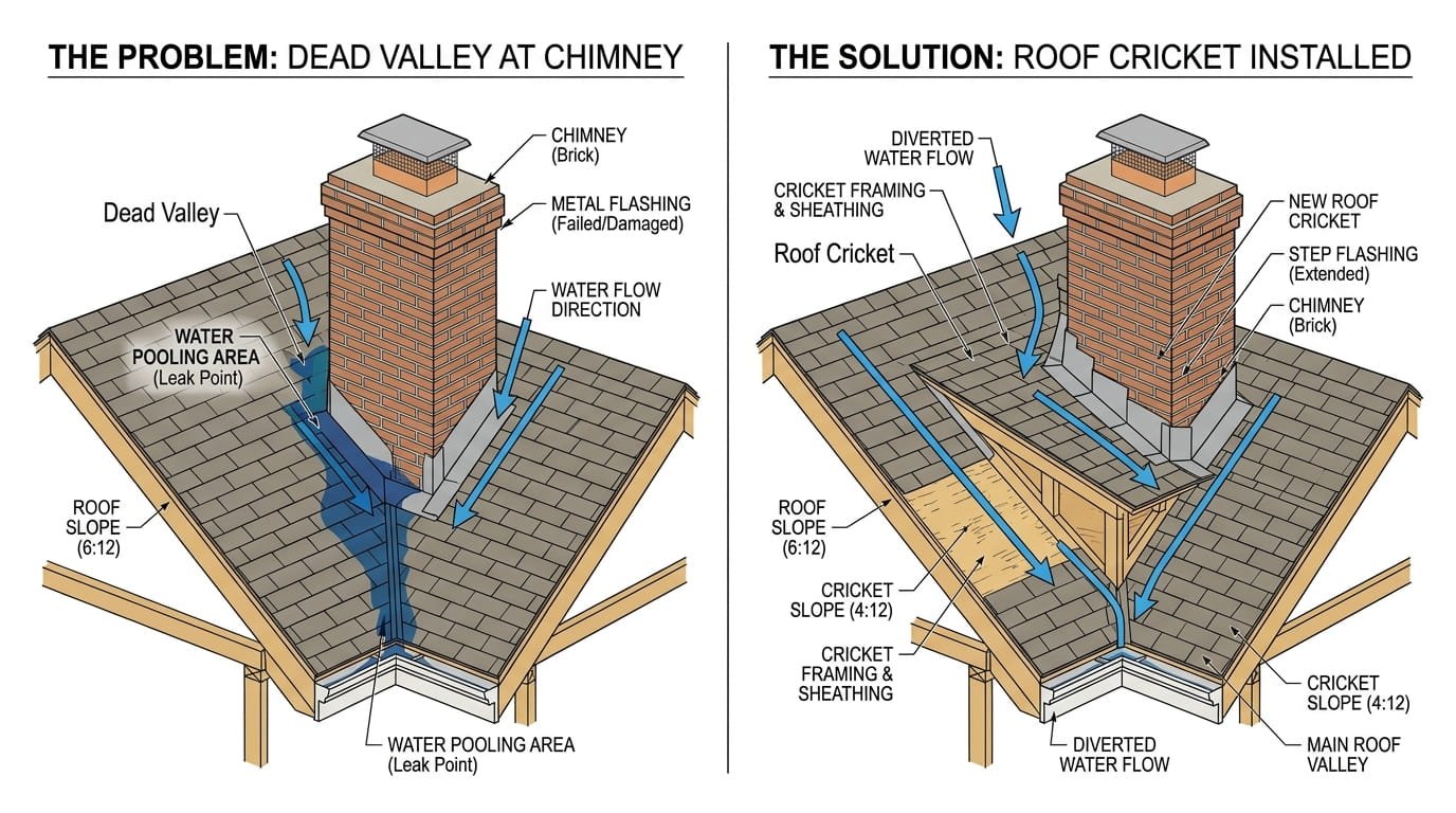 Dead valley roof repair showing custom cricket for water redirection