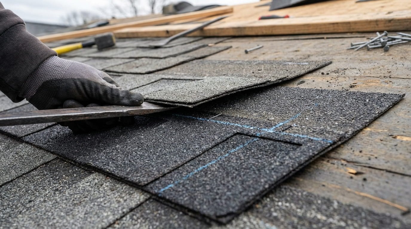 Step-by-step visual of sliding a new replacement shingle into a roof.