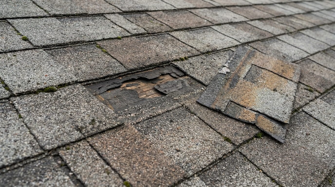 Close-up of missing and curling asphalt shingles requiring targeted repair.