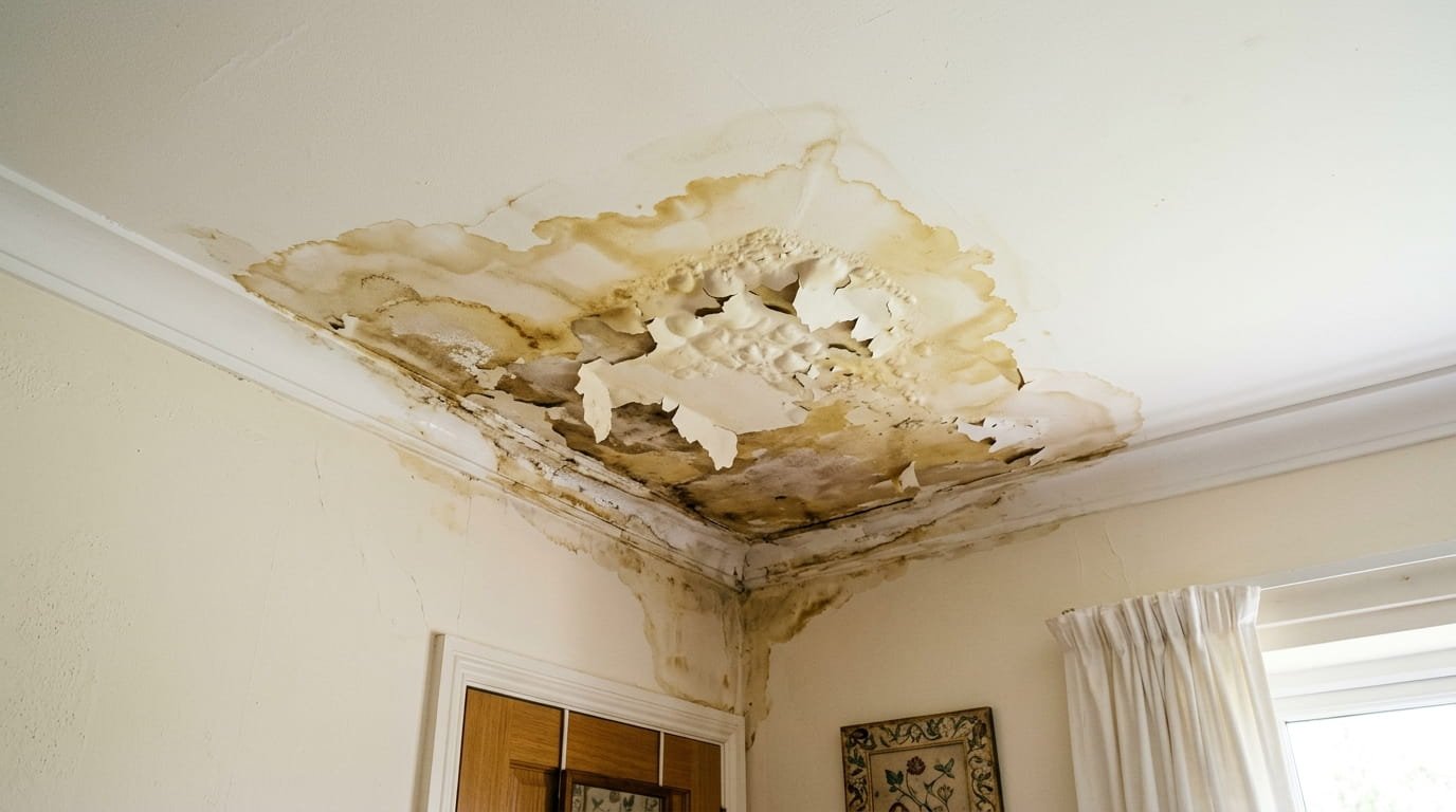 Water stain on ceiling from leaking roof valley