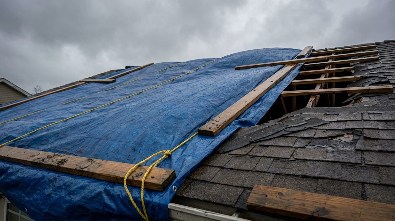 Emergency blue tarp secured on a damaged roof to prevent water leaks.