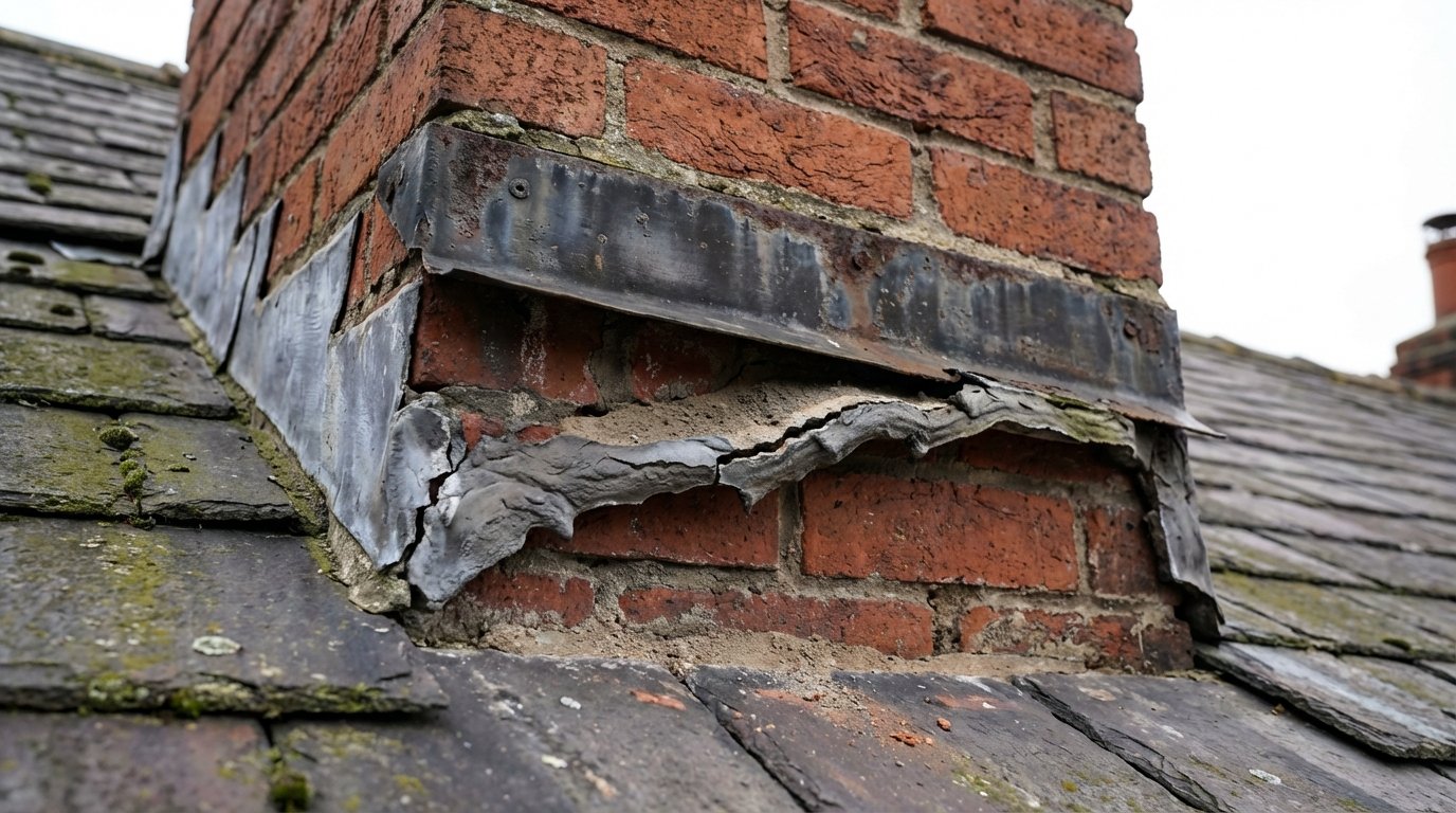 Damaged chimney flashing showing cracked sealant and separation
