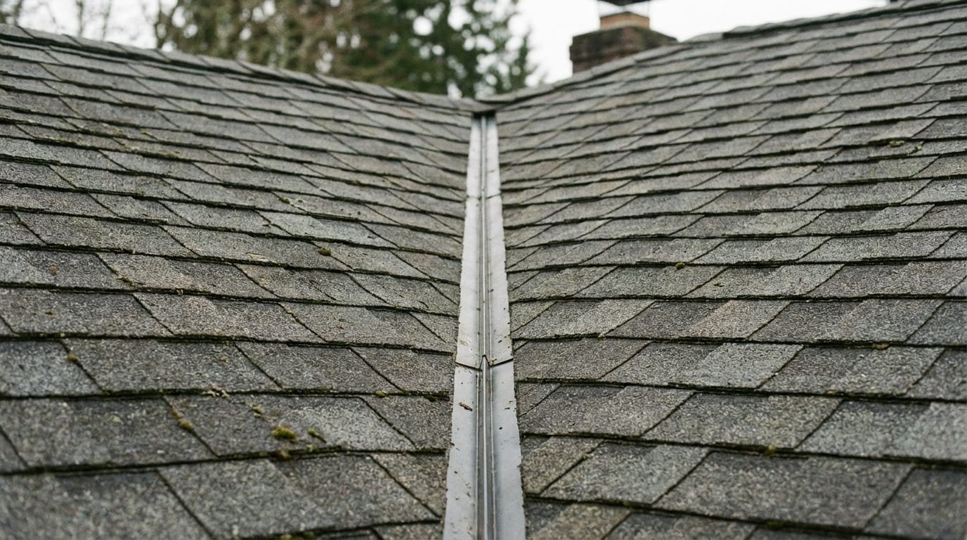 Close-up of a V-shaped roof valley on a shingled roof